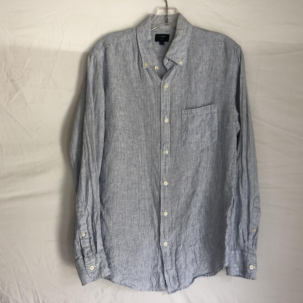 J Crew Shirt Mens Small Blue Stripe Linen Long Sleeve Button Down Casual